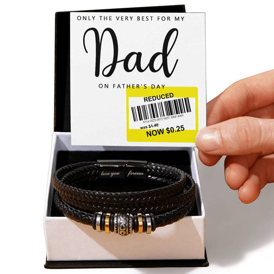 A hand holds a Father's Day card with a reduced price sticker above a To Dad, The Very Best - Love You Forever Bracelet in a gift box.