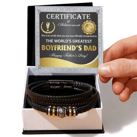 A hand holds a certificate of achievement titled "The World's Greatest Boyfriend's Dad" above the "To Boyfriend's Dad, Officially Recognized - Love You Forever Bracelet," presented in a white box.