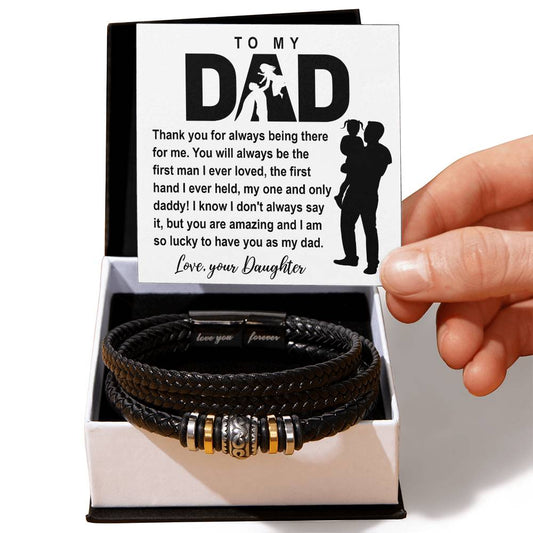 A To Dad, There For Me - Love You Forever Bracelet in a gift box with a sentimental message to a father from a daughter, accompanied by a silhouette of a father and child.