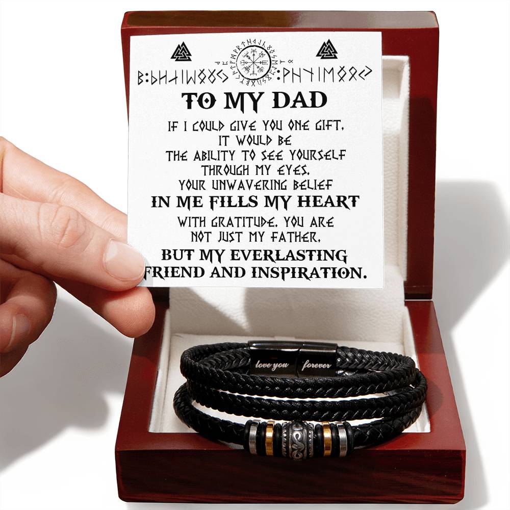 A To Dad, Through My Eyes - Love You Forever Bracelet in a gift box with a card behind it saying a heartfelt message to a father, visible on a white background.
