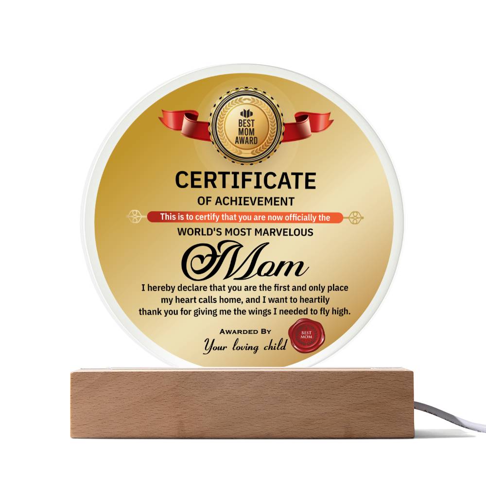 To Mom, World's Most Marvelous Mom Acrylic Circle Plaque