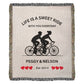 Life is a sweet ride with the ShineOn Fulfillment Personalized Life Is A Sweet Ride Cycling Couple Heirloom Woven Blanket. This custom-made blanket will add a personal touch to any home. Whether you choose to display it on
