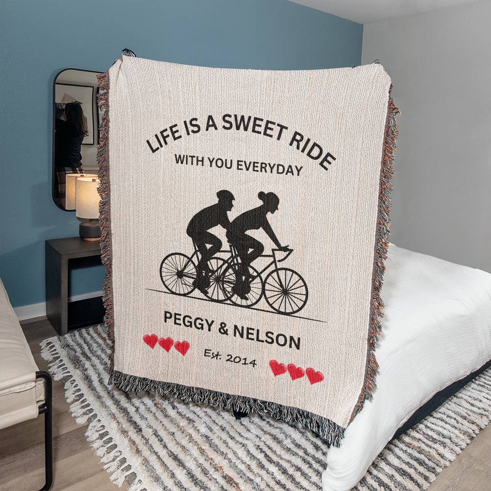 Introducing the ShineOn Fulfillment Personalized Life Is A Sweet Ride Cycling Couple Heirloom Woven Blanket - a custom made and unique design that is perfect for you. With its intricate weaving process, each blanket is made with care and attention to detail.