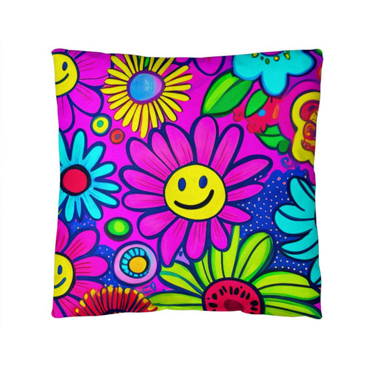 The Classic Pillow Cover with Insert Template showcases vibrant, cartoon-like flowers with smiley faces set against a pink background, crafted from premium polyester.