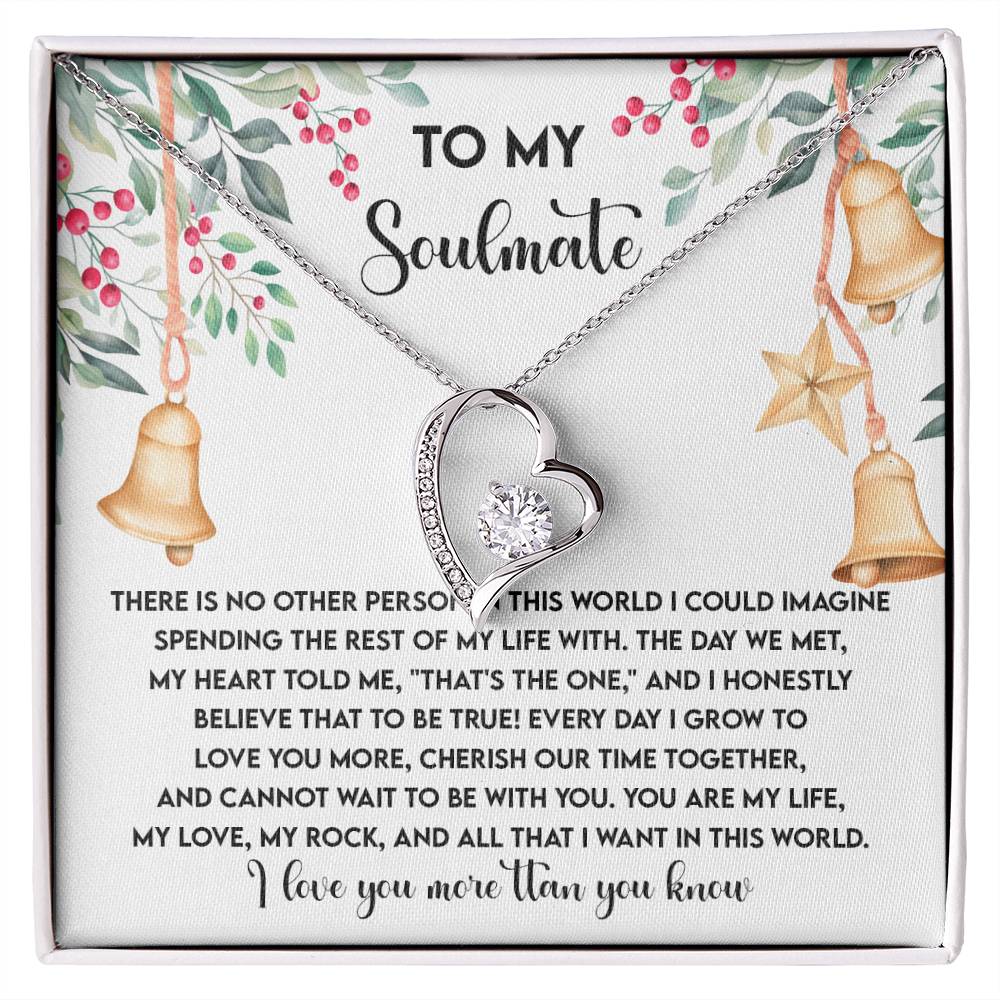 Introducing the Soulmate-Be With You - Forever Love Necklace, a breathtaking piece featuring a heart pendant with a gold finish. Presented on a gift card addressed "To My Soulmate," it showcases a heartfelt message about love and commitment, beautifully adorned with festive decorations and sparkling cubic zirconia.