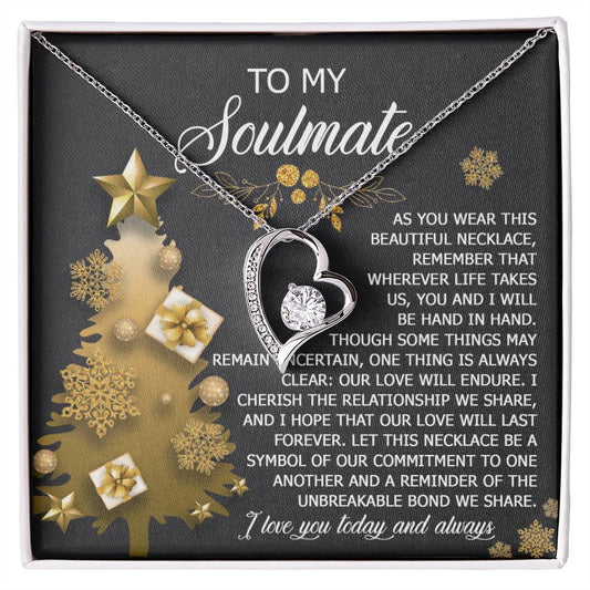 The Soulmate-Be A Symbol - Forever Love Necklace, showcasing a heart-shaped pendant adorned with a diamond, is beautifully presented in a gift box inscribed with "To My Soulmate," along with an emotional message celebrating enduring love. This stunning piece, crafted in white gold, embodies the spirit of eternal devotion.