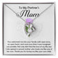 The Partner's Mom-A Second Mother - Forever Love Necklace, a silver heart-shaped pendant with a sparkling CZ crystal, is displayed in a box that says "To My Partner's Mom" and includes a heartfelt message of gratitude and love.