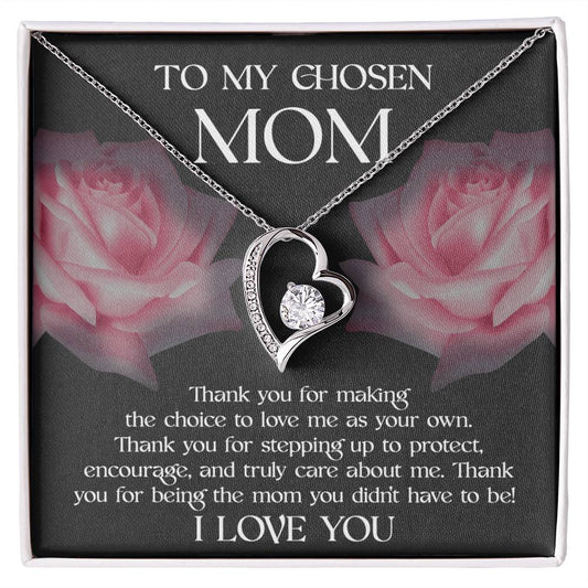 A To Bonus Mom, My Chosen Mom - Forever Love Necklace with a single diamond, displayed on a box with pink roses and a message dedicated to a 'chosen mom,' expressing gratitude and love as a personalized mom gift.