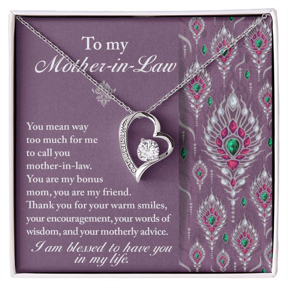 To Mother-In-Law, Words Of Wisdom - Forever Love Necklace displayed on a purple, paisley-patterned fabric background with a sentimental message for a mother-in-law gift.