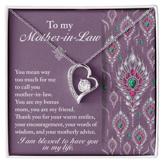 To Mother-In-Law, Words Of Wisdom - Forever Love Necklace displayed on a purple, paisley-patterned fabric background with a sentimental message for a mother-in-law gift.