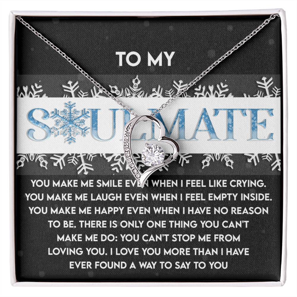 The Soulmate-Loving You - Forever Love Necklace includes a heart-shaped pendant adorned with a dazzling cubic zirconia stone. It is beautifully presented on a card inscribed with "soulmate" and a heartfelt message about love and support, while its white gold finish adds a touch of timeless elegance to this meaningful accessory.