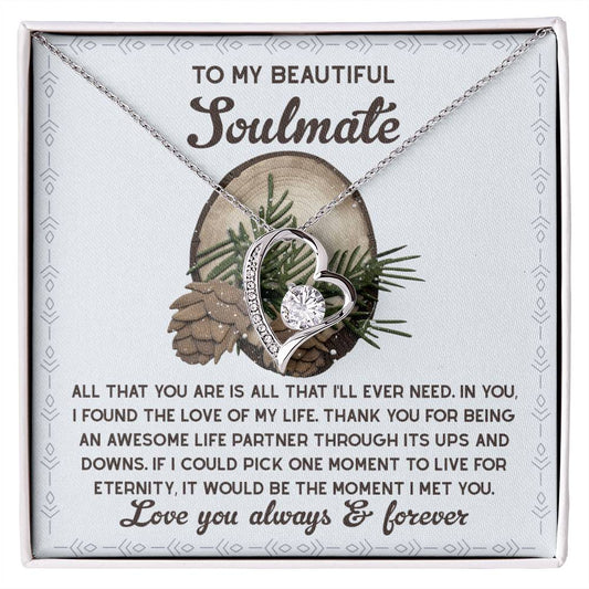 The Soulmate-One Moment - Forever Love Necklace, featuring a heart-shaped pendant with a diamond and white gold finish, is elegantly presented in a box that includes a printed message conveying love and gratitude to a soulmate.