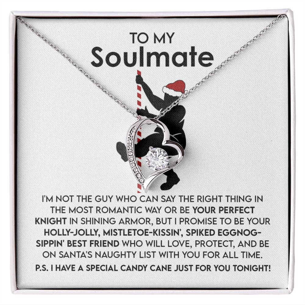 The Soulmate-For All Time - Forever Love Necklace showcases a heart-shaped pendant embellished with a cubic zirconia stone and gold finish, elegantly displayed on a card with a heartfelt message for your soulmate.