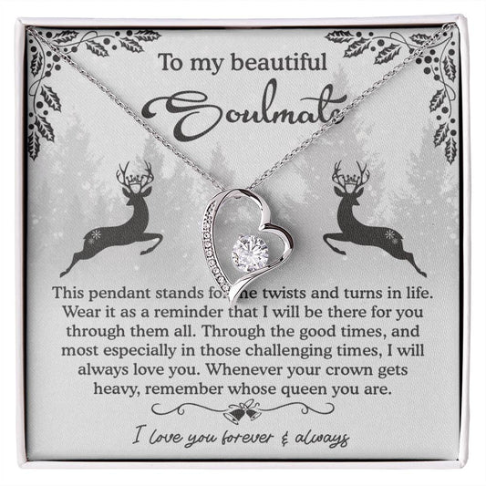 The Soulmate-A Reminder - Forever Love Necklace showcases a heart-shaped pendant embellished with a diamond on a silver chain, beautifully packaged in a gift box featuring an inspiring message about love and support—a perfect luxury gift to treasure always.