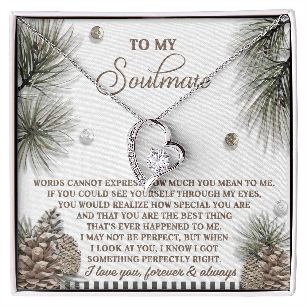 The Soulmate-Perfectly Right - Forever Love Necklace, featuring a silver heart-shaped pendant with a shimmering cubic zirconia, is presented on a card that reads "To My Soulmate" accompanied by a heartfelt message. The card is beautifully decorated with pine cones and branches, adding a touch of nature's elegance.