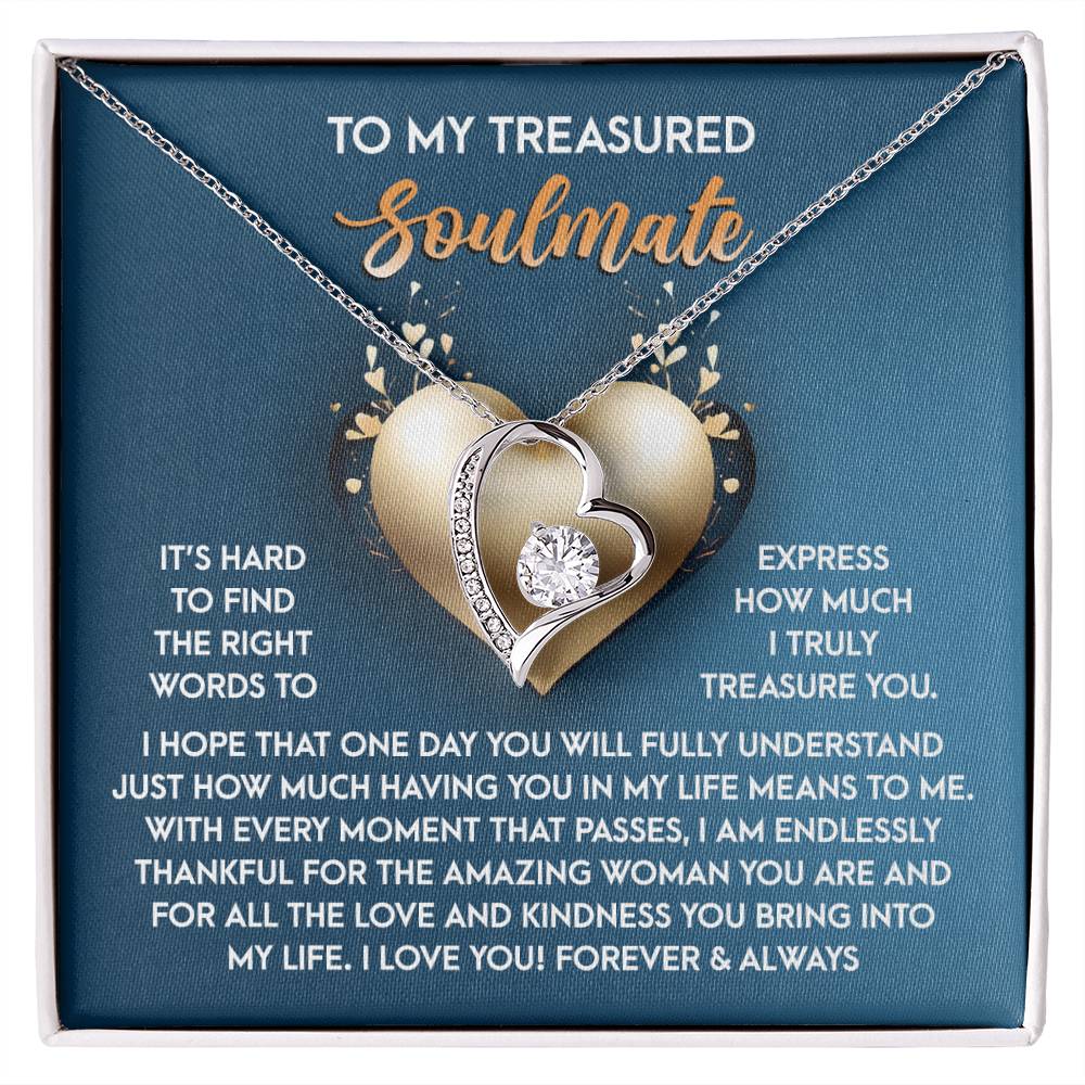 The "Soulmate-In My Life - Forever Love Necklace" features a gold heart with a sparkling cubic zirconia, beautifully presented on a card with an affectionate soulmate message.