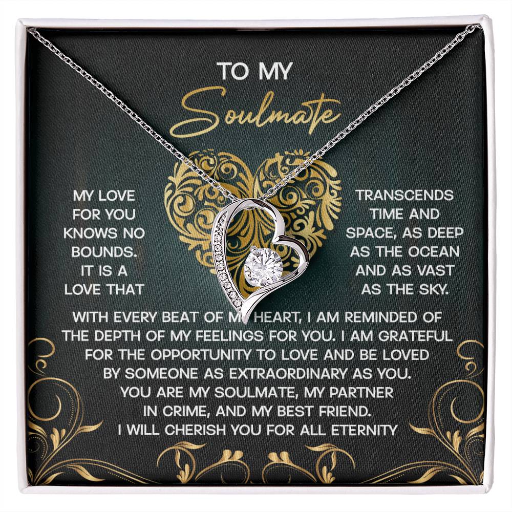 The Soulmate-The Sky - Forever Love Necklace boasts a heart-shaped pendant with a sparkling CZ crystal, a radiant gold finish, and is set against a heartfelt message dedicated to your soulmate.