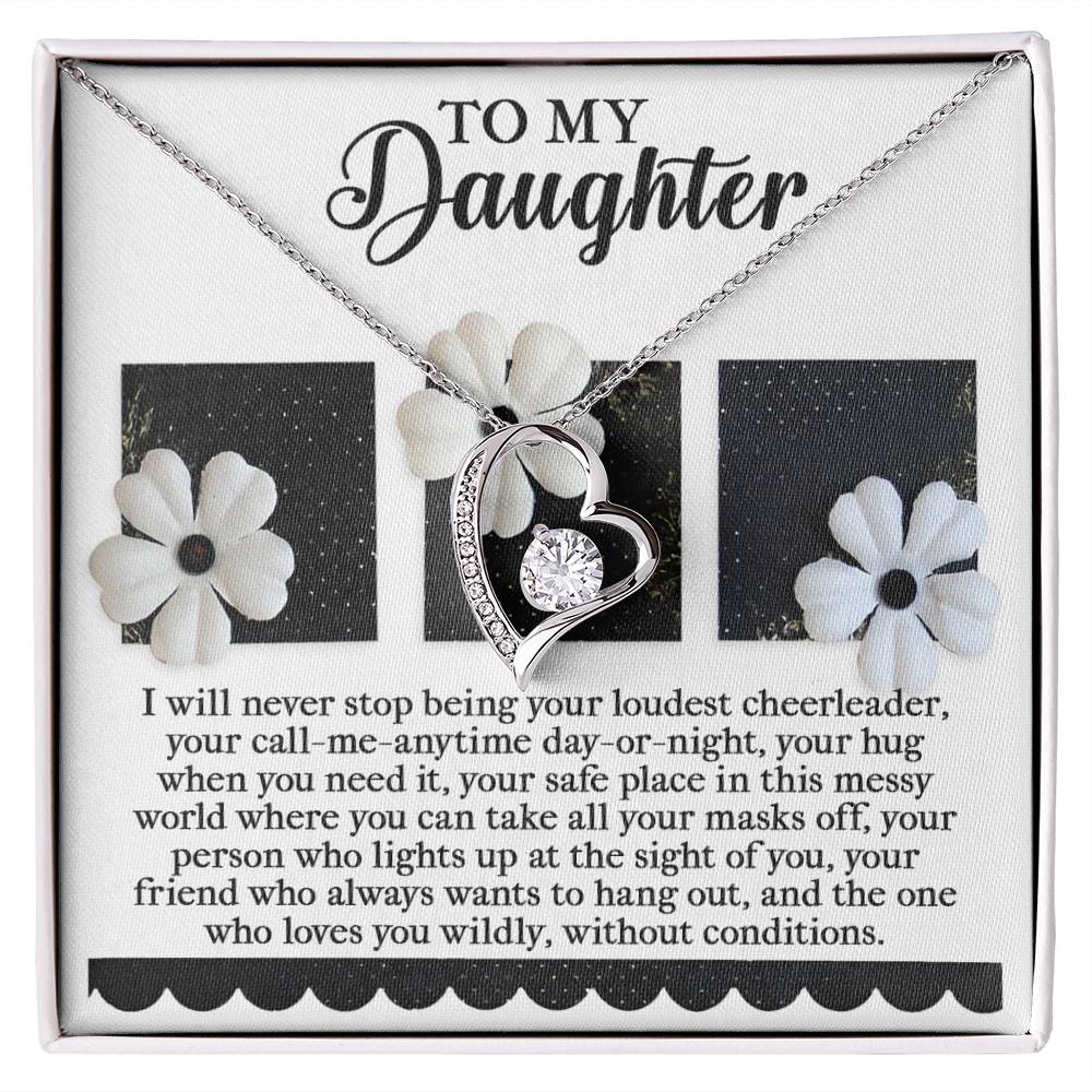 The Daughter-Loudest Cheerleader - Forever Love Necklace, featuring CZ crystal accents and a heartfelt message for your daughter, is beautifully designed with two white flowers in the background and finished in elegant white gold.