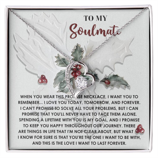 The Soulmate-To Be With - Forever Love Necklace showcases a silver heart-shaped pendant embellished with a CZ crystal, beautifully packaged in a box that includes a heartfelt message to your soulmate. Its exquisite white gold finish highlights its timeless elegance.