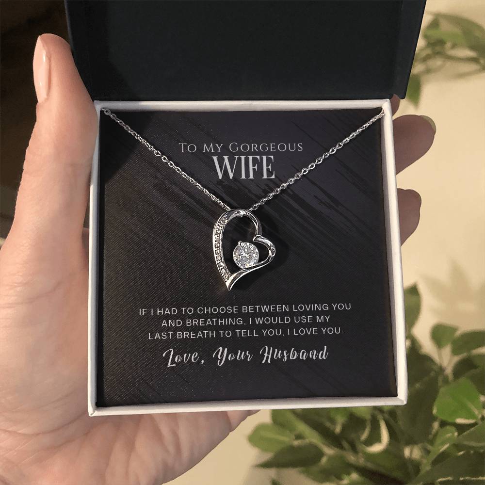 A To My Wife, I Love You - Forever Love Necklace by ShineOn Fulfillment with a cubic zirconia, heart-shaped pendant presented in a box with a loving message from a husband to his wife.