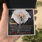 Hand holding an open jewelry box containing the "To Mom To Be, An Incredible Job - Forever Love Necklace" with a white gold heart pendant. Inside the box lid is a note that reads, "Dear Mommy, Thank you for being an amazing mom..." with other affectionate words. This personalized gift speaks volumes of love and gratitude.