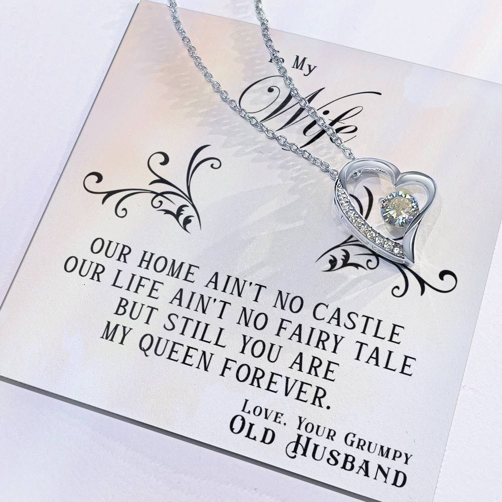 A To My Wife, You Are My Queen Forever - Forever Love Necklace with a cubic zirconia heart-shaped pendant displayed on a card with a sentimental message from ShineOn Fulfillment to a wife from her husband.