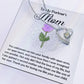 The Partner's Mom-A Second Mother - Forever Love Necklace features a heart-shaped design with a cubic zirconia gem and white gold finish, presented on a "To My Partner's Mom" card with a purple rose and an appreciative message.