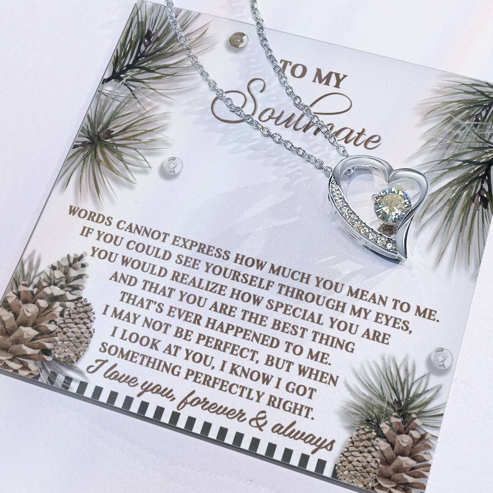 The Soulmate-Perfectly Right - Forever Love Necklace, featuring a heart-shaped design with a sparkling cubic zirconia stone, rests on a card with a heartfelt message and is beautifully surrounded by pine cones and branches.