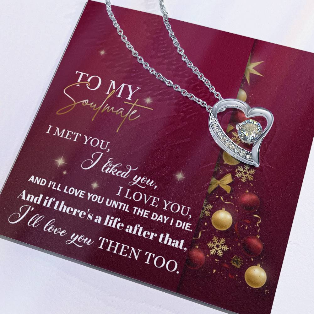 Soulmate-Love You Then - Forever Love Necklace adorned with a cubic zirconia stone comes on a card with a romantic white and gold text message, featuring a decorated Christmas tree on the side.