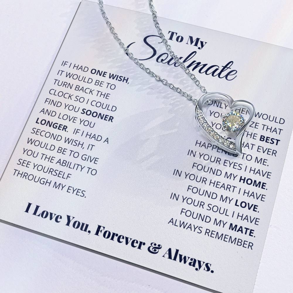 A Forever Love Necklace with a CZ crystal heart-shaped charm presented on a card with a romantic message to a soulmate by ShineOn Fulfillment.