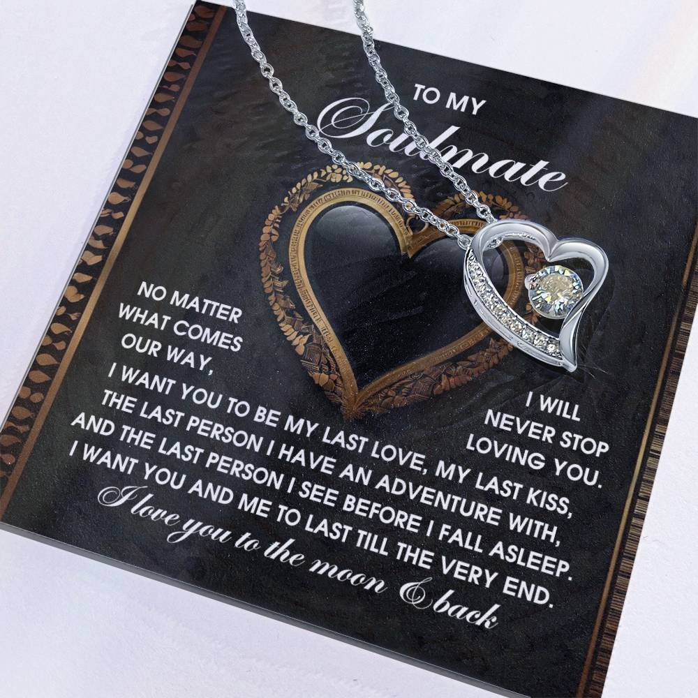 The Soulmate-The Very End Forever Love Necklace includes a heart-shaped pendant with a cubic zirconia stone, elegantly presented on a card with heartfelt text for a soulmate. The 14k white gold finish adds an elegant touch to this meaningful gift.