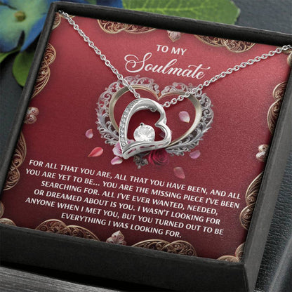 The Soulmate-I Met You - Forever Love Necklace features a heart-shaped pendant with a 6.5mm CZ crystal and a white gold finish, elegantly displayed on a romantic red card for your soulmate, all beautifully packaged in a gift box.