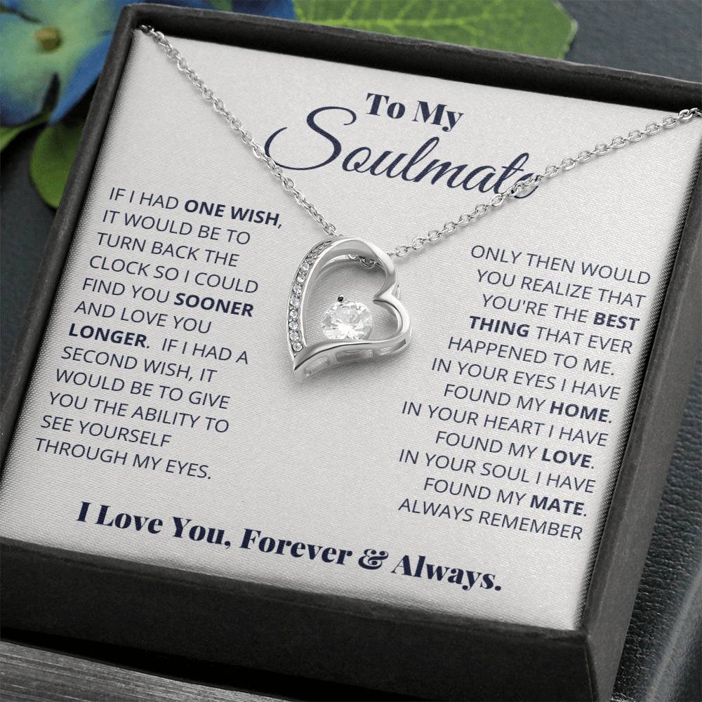A heart-shaped Forever Love Necklace displayed in a gift box with a romantic message for a soulmate.