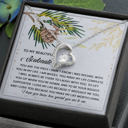 The Soulmate-Biggest Supporter - Forever Love Necklace showcases a silver heart embellished with a central cubic zirconia gem and is elegantly presented on a card featuring a touching message about love.