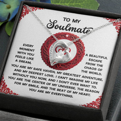 The Soulmate-Like A Dream - Forever Love Necklace boasts a heart-shaped pendant with a cubic zirconia stone, beautifully displayed on a box printed with the message "To my soulmate.