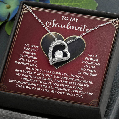 The Soulmate-One True Love - Forever Love Necklace has a heart-shaped pendant with a sparkling cubic zirconia, presented on a card with a romantic message. Available in white or yellow gold finishes, it’s elegantly packaged in a jewelry box.