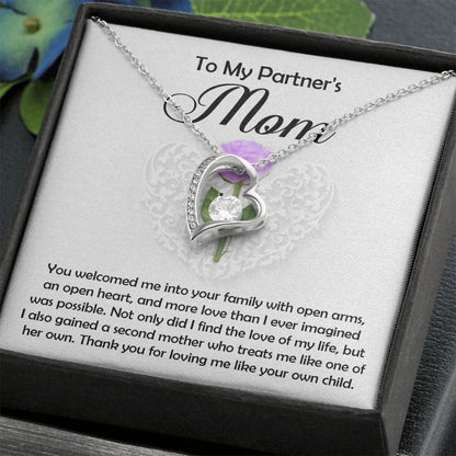 The Partner's Mom-A Second Mother - Forever Love Necklace features a silver heart pendant with a cubic zirconia center, displayed in a gift box with a heartfelt message thanking your partner’s mom for her love, kindness, and acceptance.