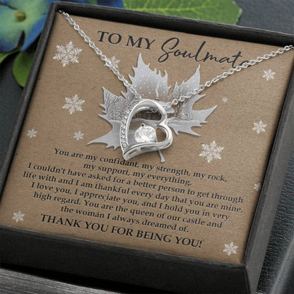 The Soulmate-Our Castle - Forever Love Necklace showcases a silver heart-shaped pendant embellished with sparkling cubic zirconia. Encased in a gift box labeled "To My Soulmate," the necklace shines with a gold finish, while inside the box, you'll discover a heartfelt message crafted especially for your beloved.