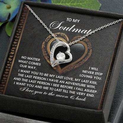 The Soulmate-The Very End - Forever Love Necklace has a heart-shaped cubic zirconia stone, elegantly set in a 14k white gold finish. Presented in a box with a heartfelt message for your soulmate, it symbolizes everlasting love.