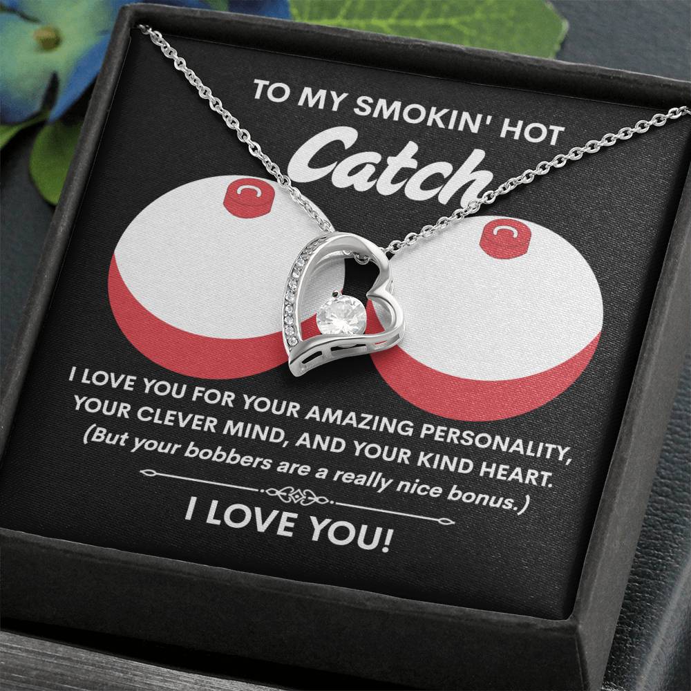 The Soulmate-Nice Bonus - Forever Love Necklace showcases a heart-shaped charm with a 6.5mm CZ crystal and a fishing-themed love message box. Its elegance is highlighted by a white gold finish, ideal for gifting someone special.