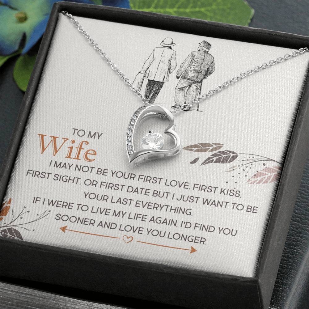 A "To My Wife, I Just Want To Be Your Last Everything" Necklace with a heart-shaped cubic zirconia pendant in a gift box, complete with a romantic message from ShineOn Fulfillment.