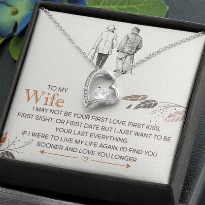 A "To My Wife, I Just Want To Be Your Last Everything" Necklace with a heart-shaped cubic zirconia pendant in a gift box, complete with a romantic message from ShineOn Fulfillment.