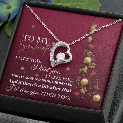 The "Soulmate-Love You Then Forever Love Necklace" features a heart shape with a sparkling cubic zirconia, set against a red background, symbolizing love and commitment.