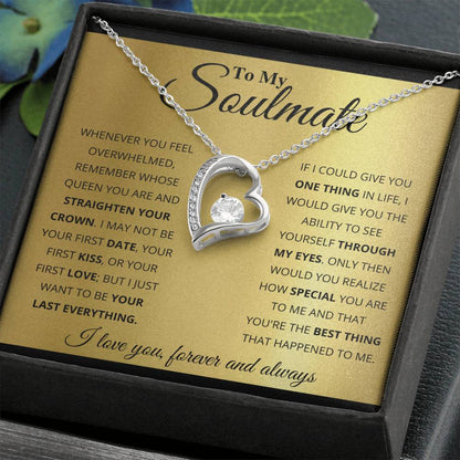 A ShineOn Fulfillment Forever Love Necklace with a heart-shaped pendant and a touching message for a soulmate, featuring cubic zirconia stones and an elegant gold finish, displayed inside a gift box.