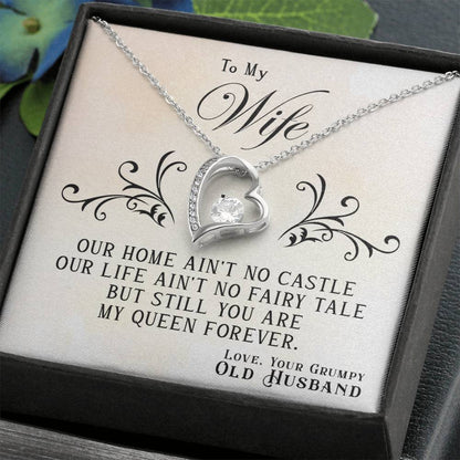 Silver heart-shaped pendant with a cubic zirconia necklace in a gift box with a sentimental message to a wife from her husband - ShineOn Fulfillment's "To My Wife, You Are My Queen Forever - Forever Love Necklace.