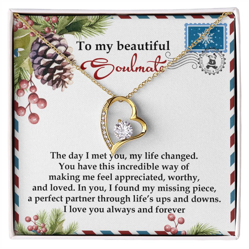 Soulmate-Perfect Partner - Forever Love Necklace featuring a gold heart pendant with a shimmering cubic zirconia, elegantly presented on a card adorned with decorative borders and a heartfelt message.