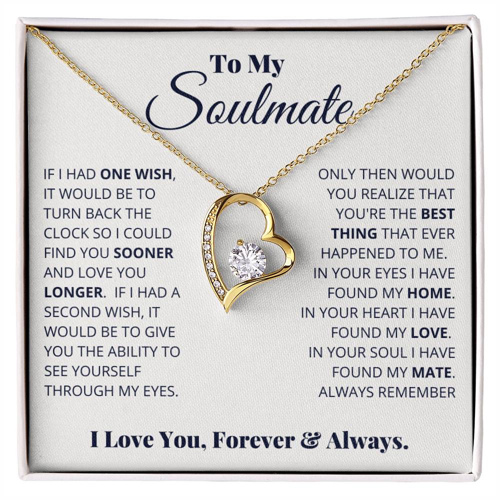 Heart-shaped gold finish pendant with a message for a soulmate on a display card, titled "To My Soulmate, I Love You, Forever & Always - Forever Love Necklace" by ShineOn Fulfillment.