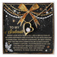 The Soulmate-By My Side - Forever Love Necklace is a gold heart-shaped pendant with a diamond, elegantly displayed on a black card featuring gold and white love and gratitude text, with a decorative ribbon design that makes it an ideal personalized gift for your soulmate.