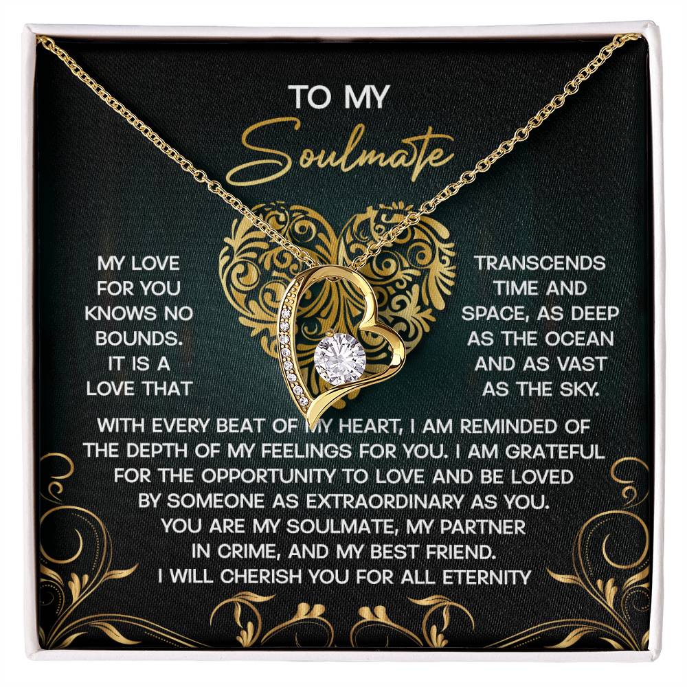 The Soulmate-The Sky - Forever Love Necklace boasts a heart-shaped pendant adorned with a radiant CZ crystal centerpiece, elegantly set in gold. It arrives nestled in a decorative box, featuring a touching message about love for your soulmate.