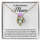 The Partner's Mom-A Second Mother - Forever Love Necklace features a gold-finish heart pendant with a diamond, presented in a box that reads: "To My Partner’s Mom" and includes a heartfelt note about being welcomed as family.
